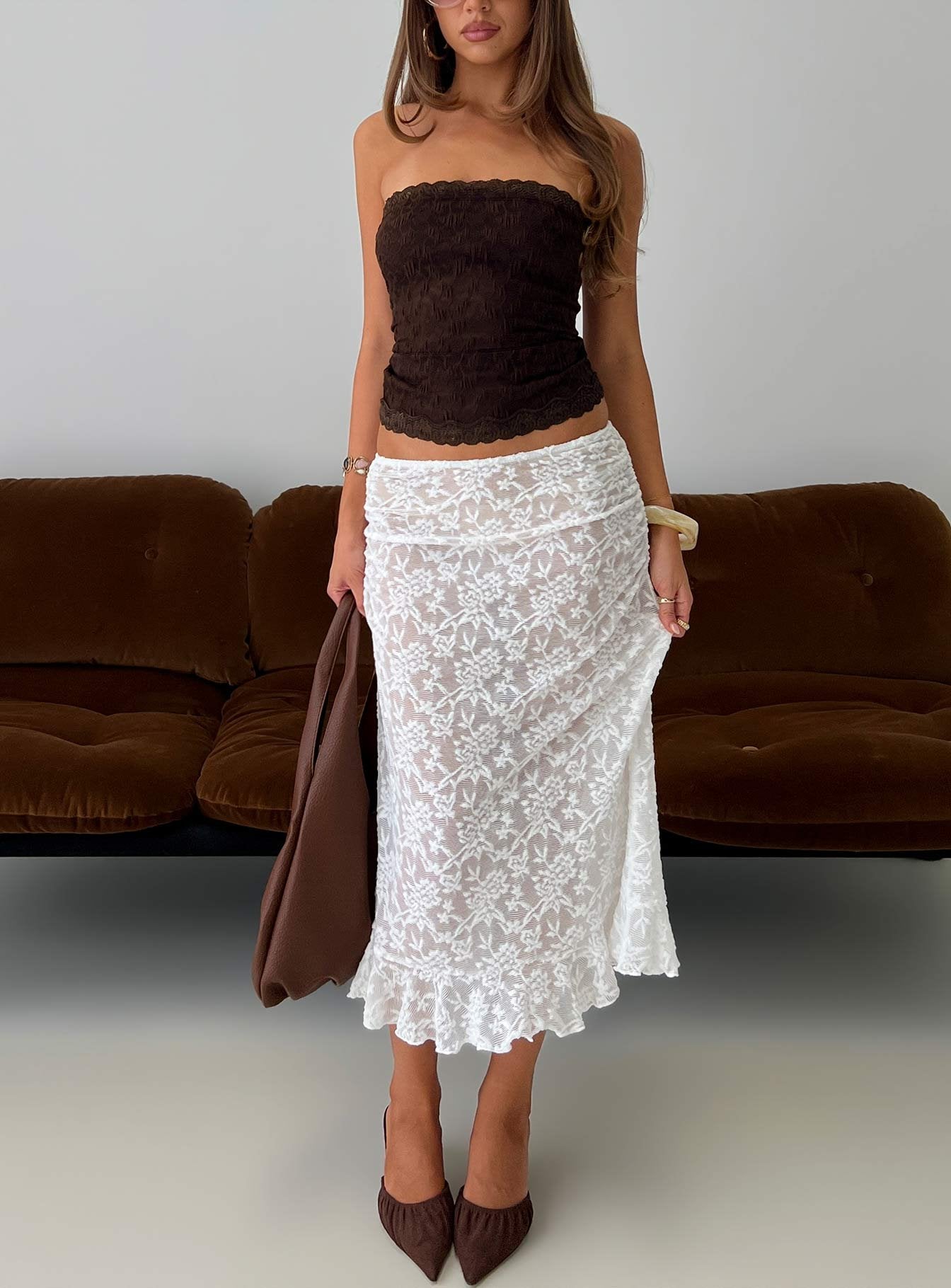 Toscani Lace Frill Midi Skirt White