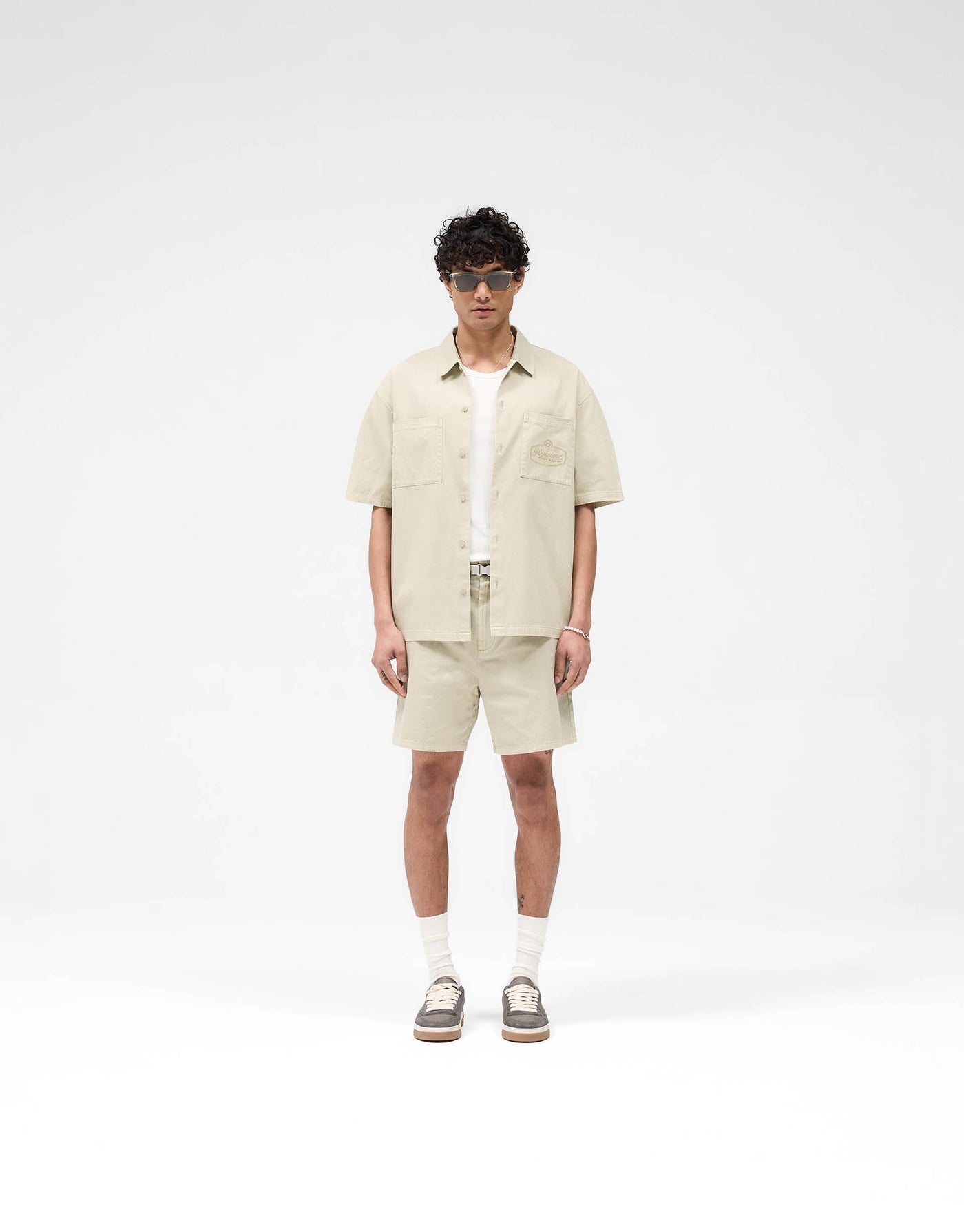 Short Sleeve Cotton Overshirt - Beige