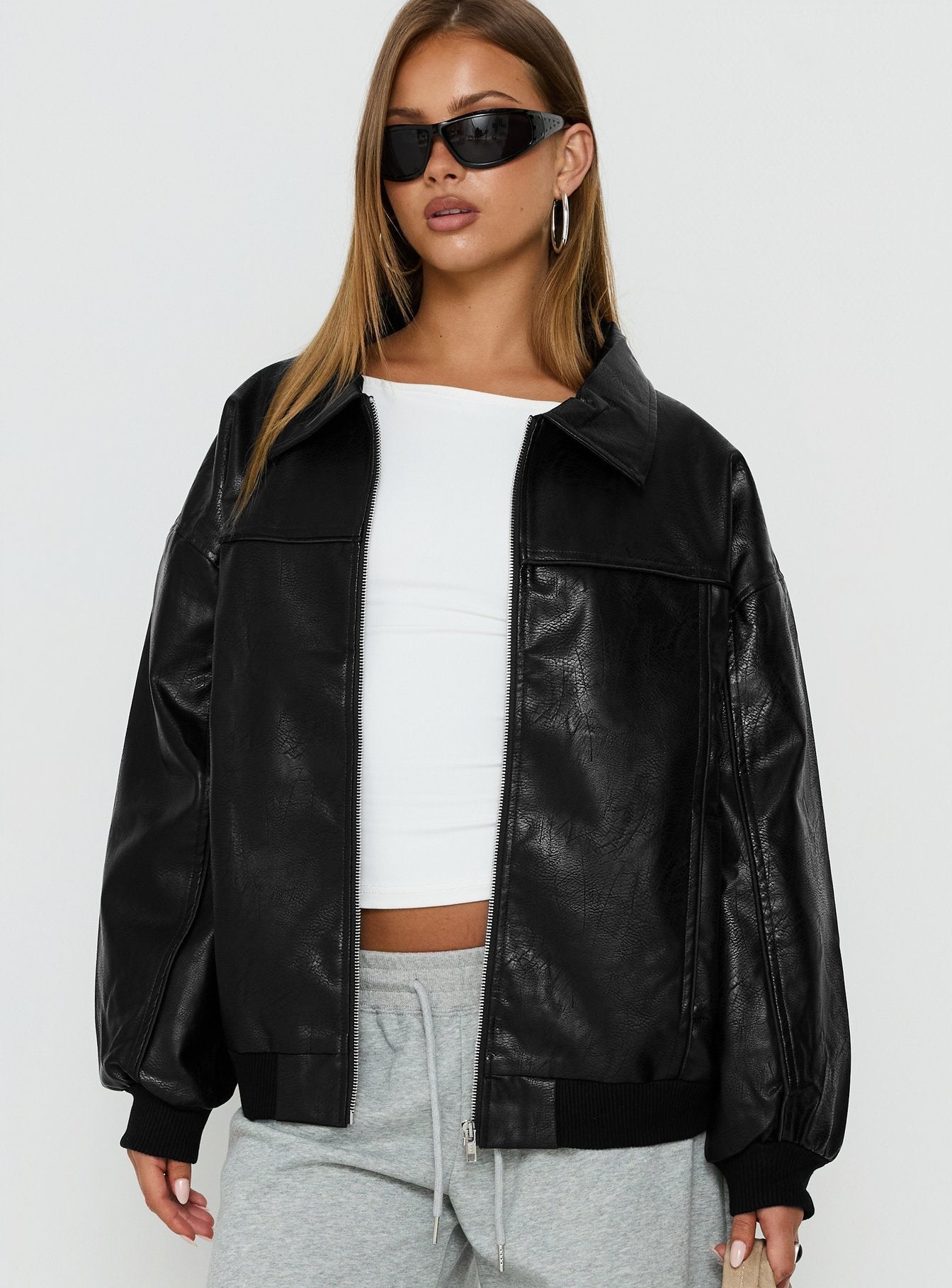 Goldsmith Faux Leather Bomber Jacket Black