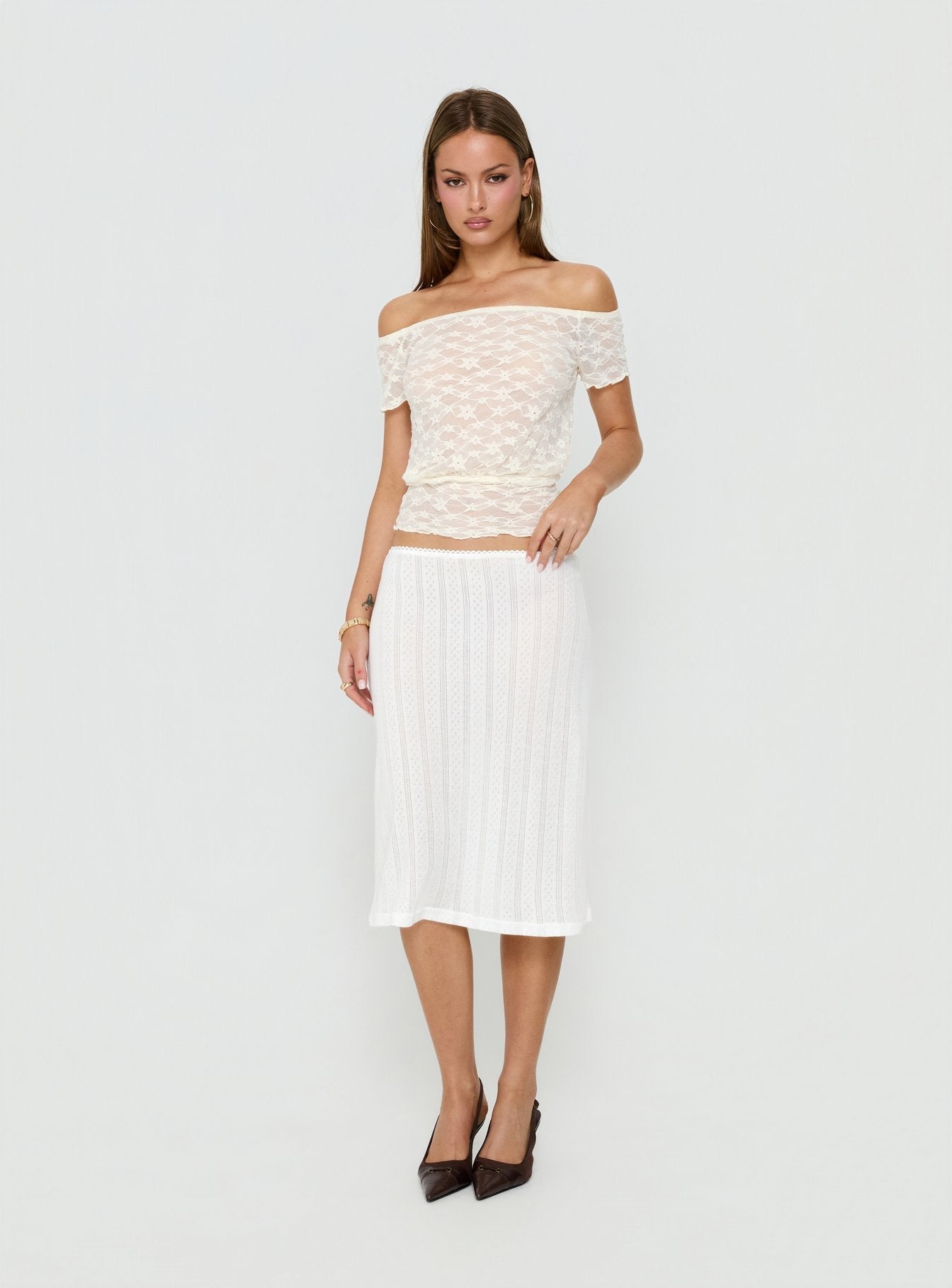 Coralyne Pointelle Midi Skirt White