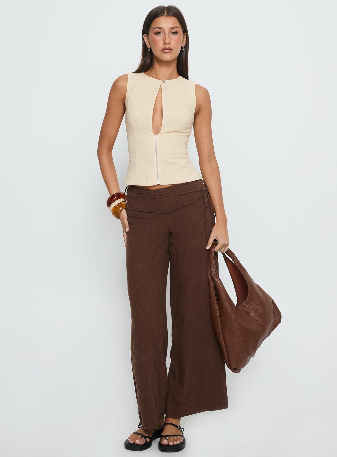 Silver Moon Linen Blend Tie Pants Brown Petite