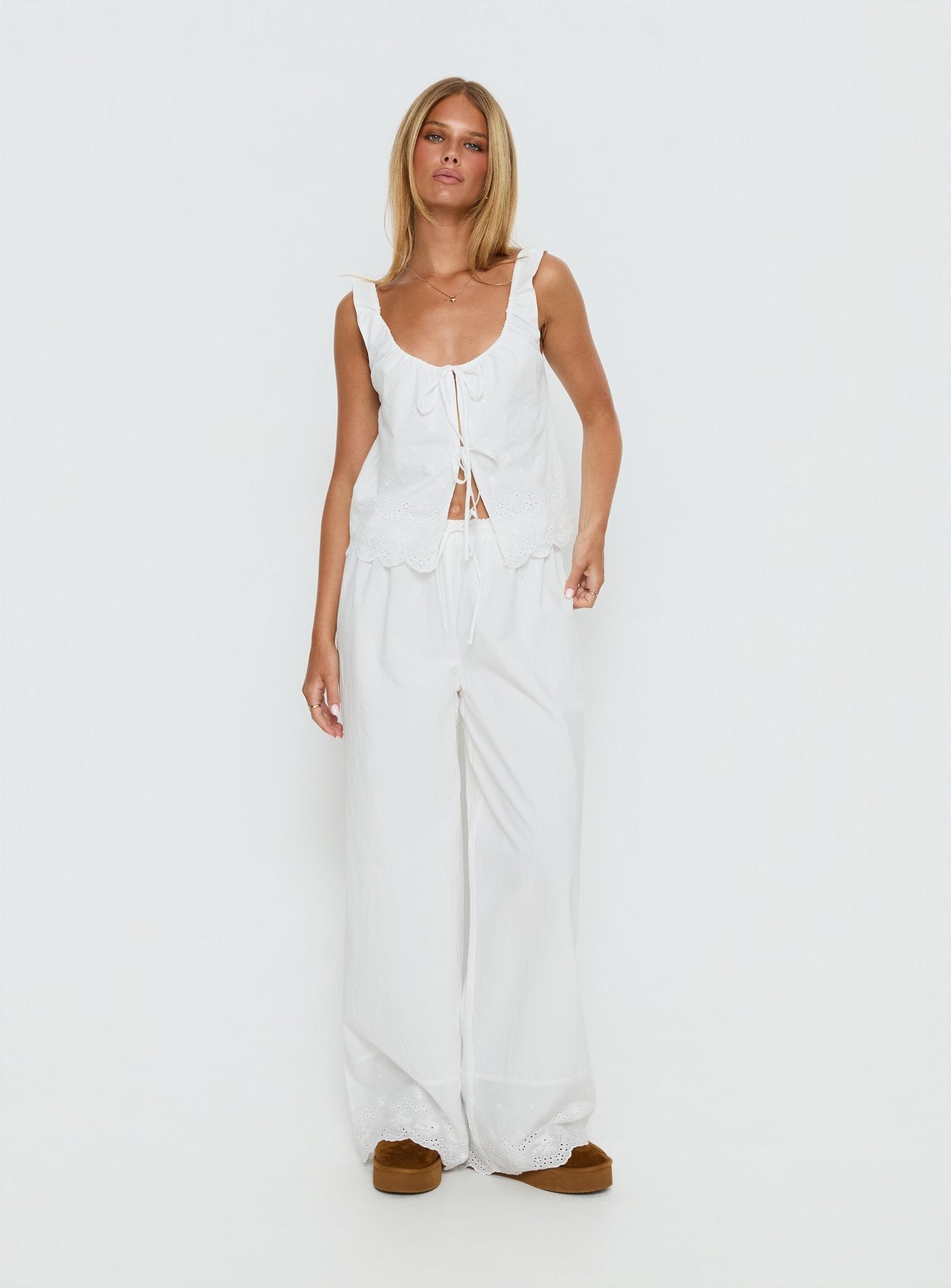 Kissed Chaos Broderie Anglais Tie Waist Pants White