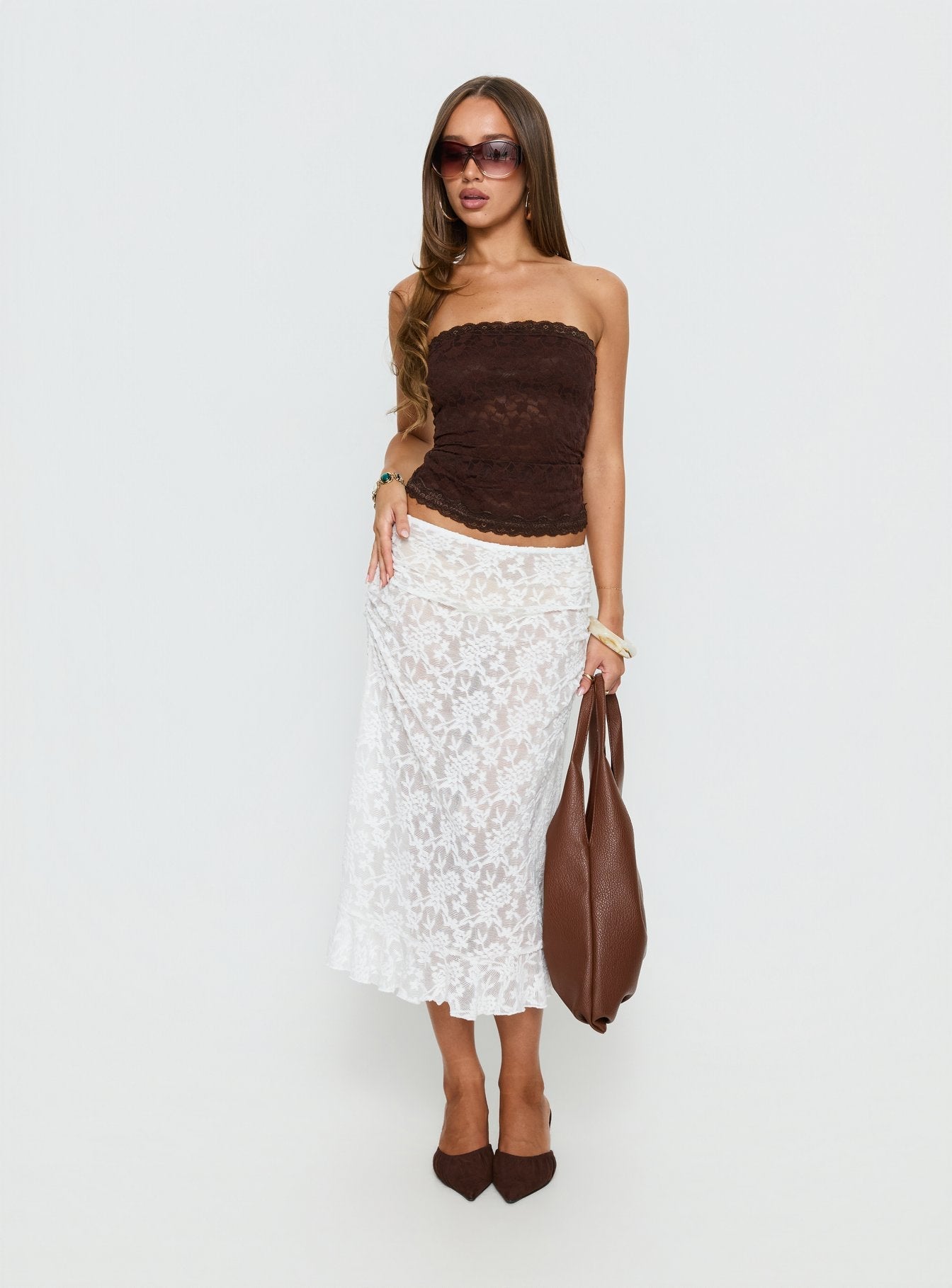 Toscani Lace Frill Midi Skirt White