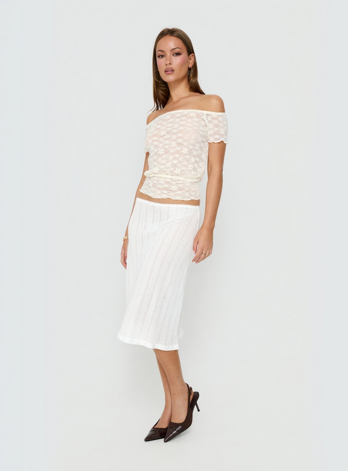 Coralyne Pointelle Midi Skirt White