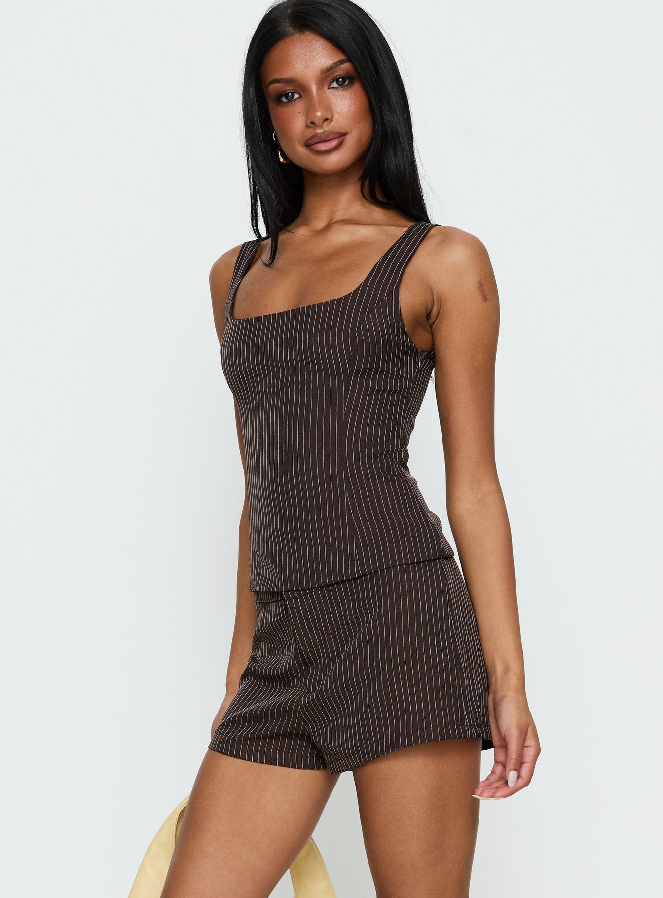 Party Invitations Tailored Shorts Brown Pinstripe