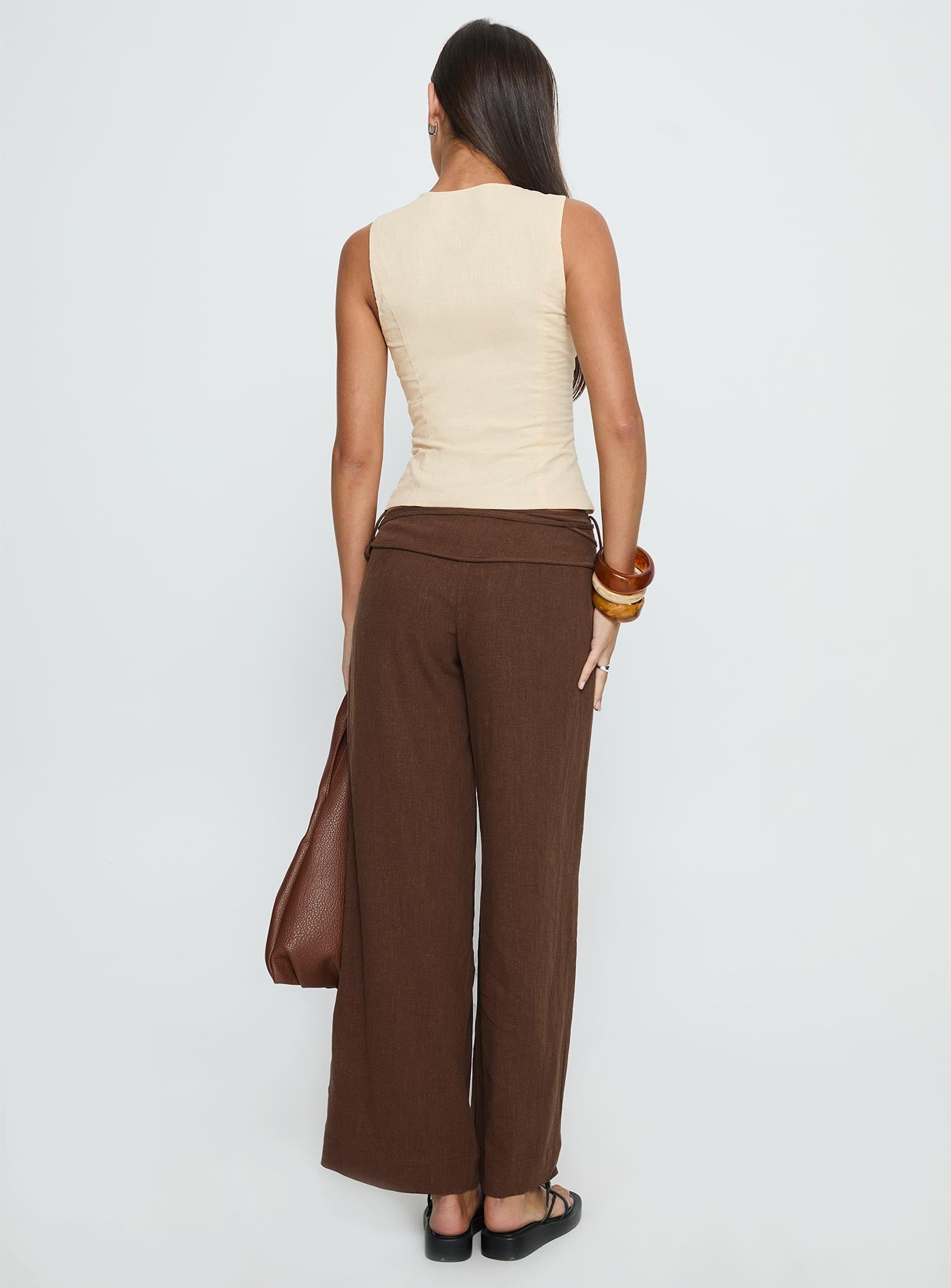 Silver Moon Linen Blend Tie Pants Brown Petite