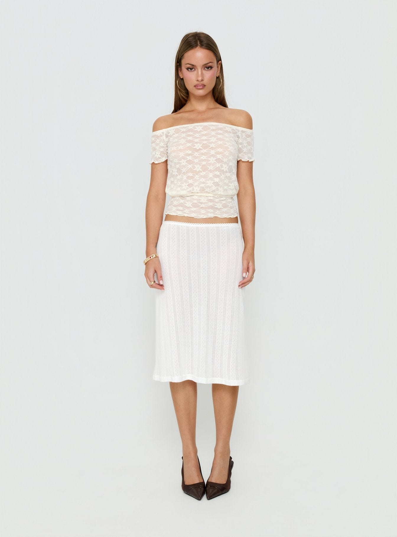 Coralyne Pointelle Midi Skirt White