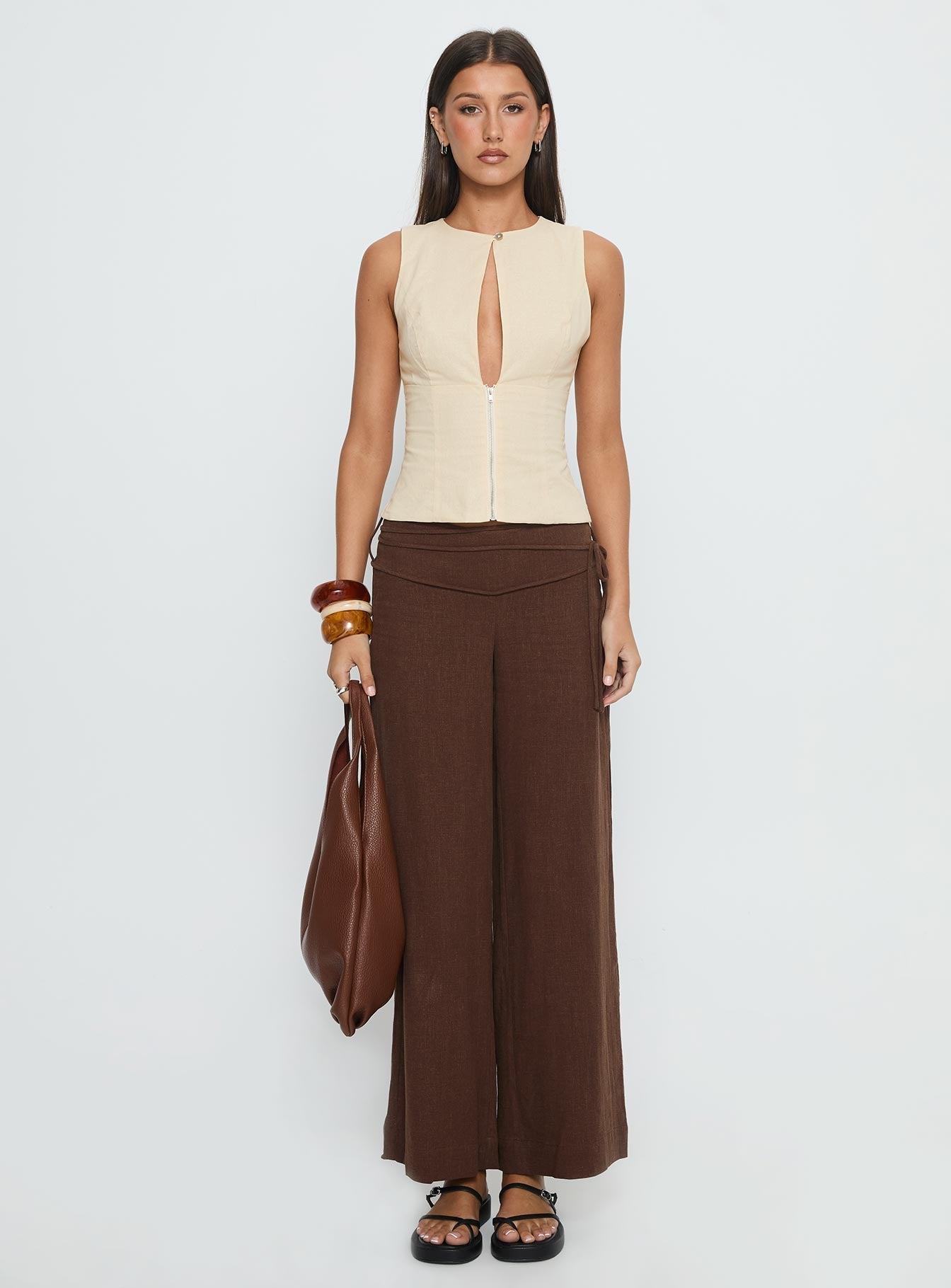 Silver Moon Linen Blend Tie Pants Brown Petite