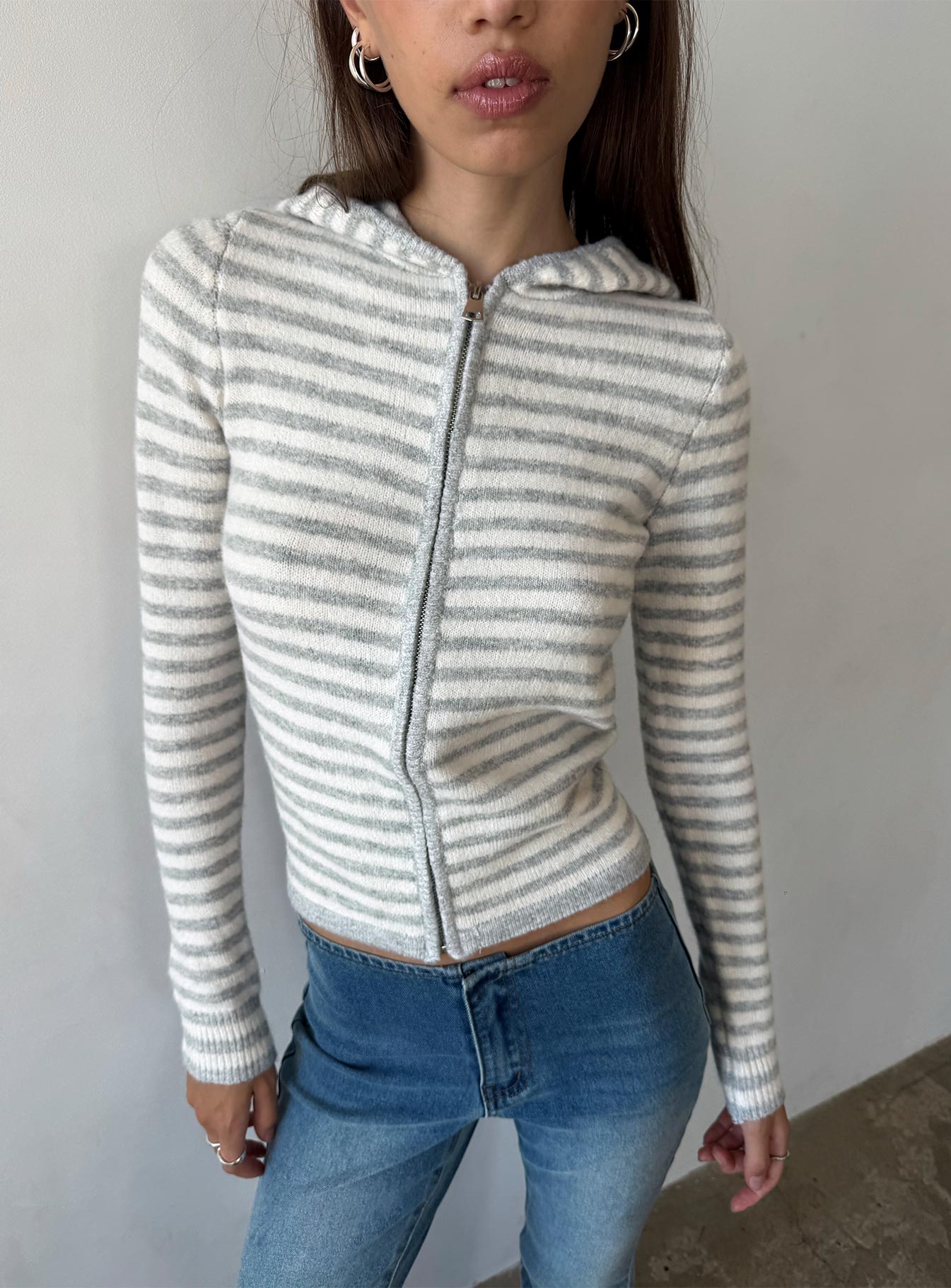 Superstars Zip Through Hoodie Grey / Cream Stripe