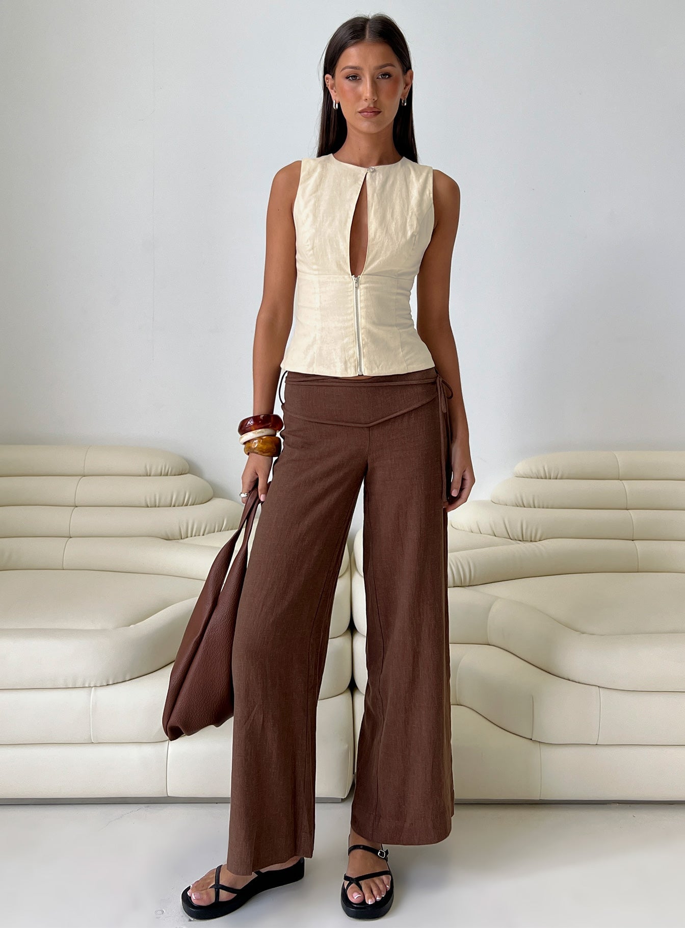 Silver Moon Linen Blend Tie Pants Brown Petite