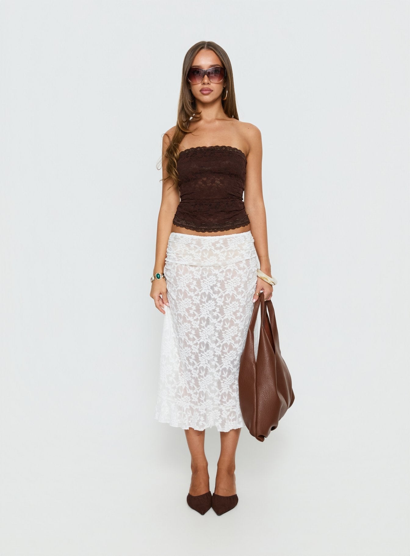 Toscani Lace Frill Midi Skirt White