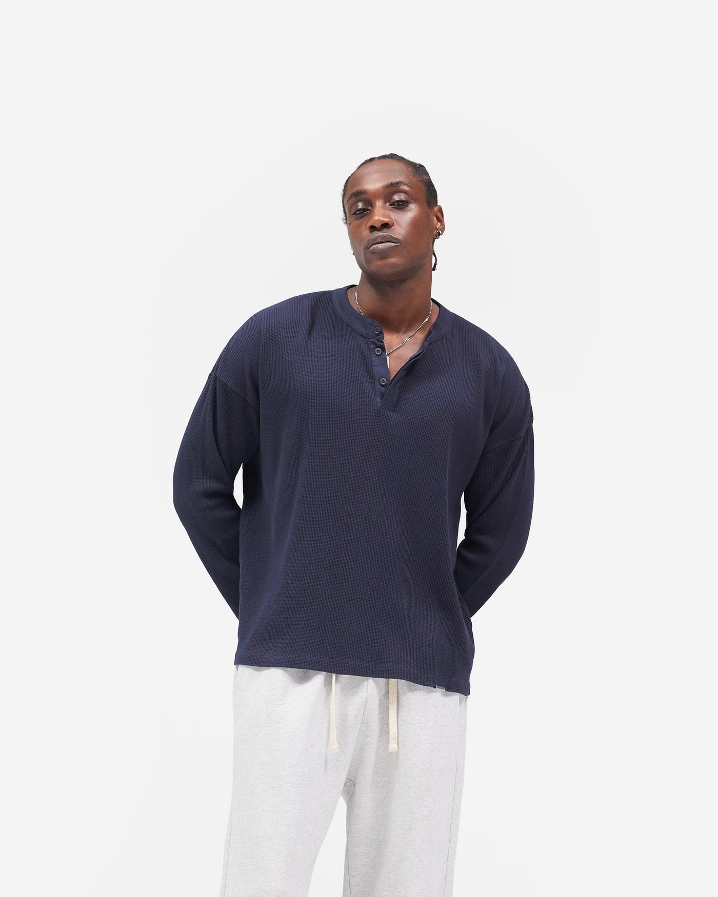 Initial Henley Waffle Long Sleeve T-Shirt - Midnight Navy