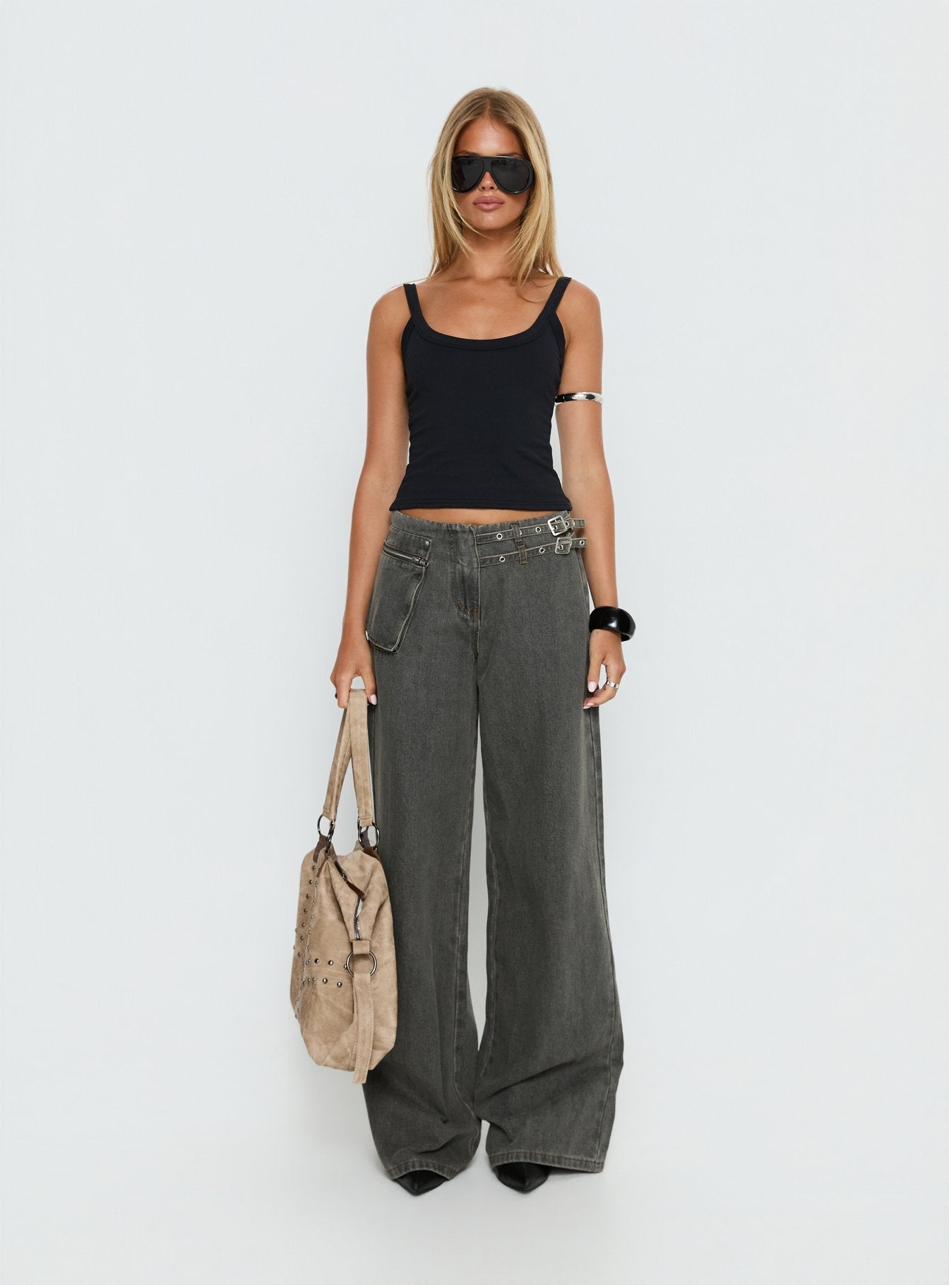 Paltrow Mid Rise Wide Leg Cargo Jeans Washed Grey