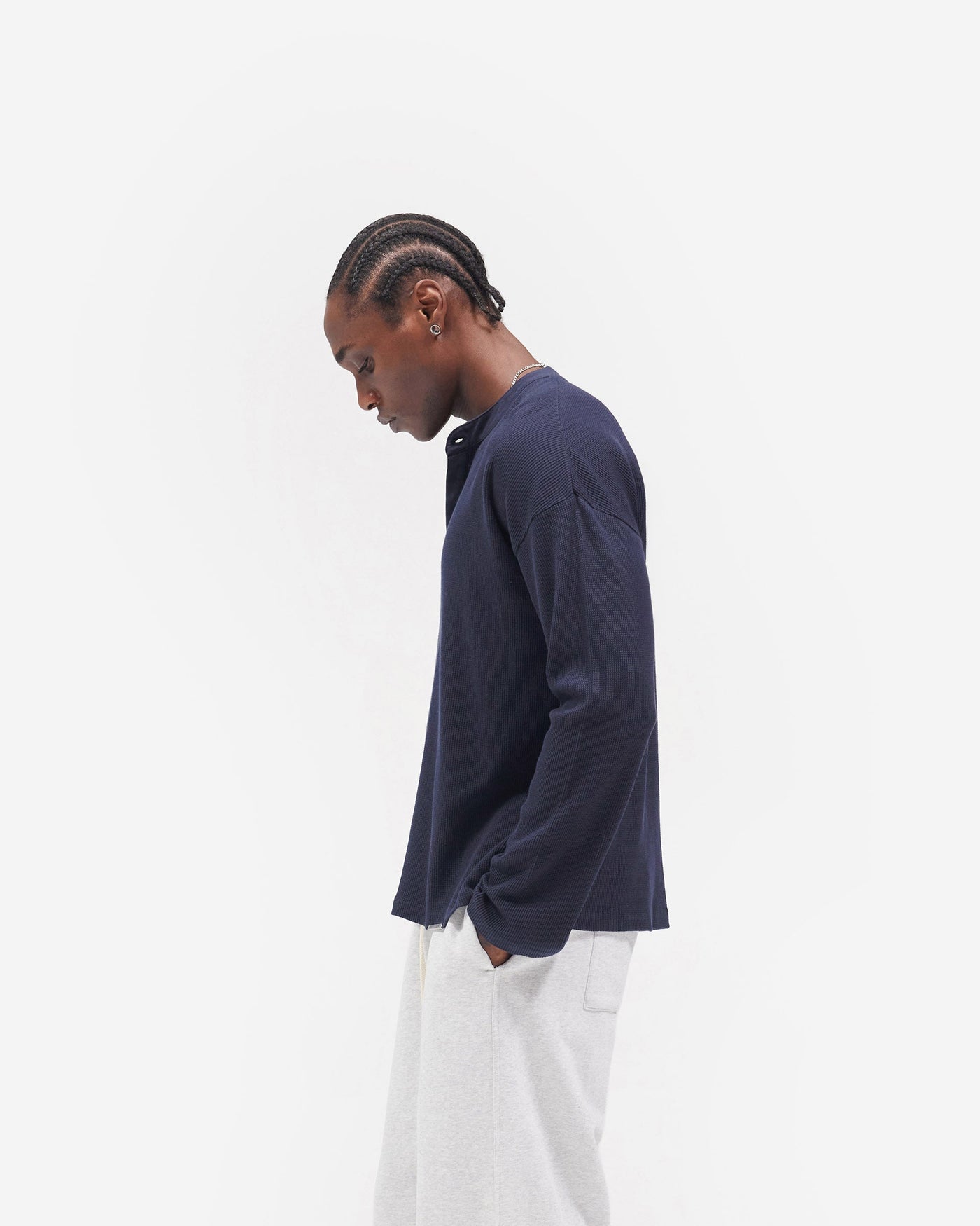 Initial Henley Waffle Long Sleeve T-Shirt - Midnight Navy