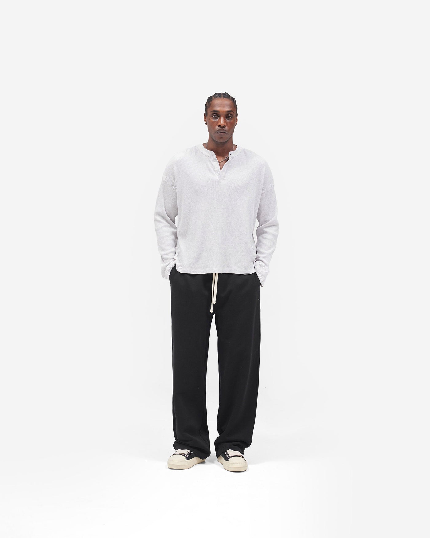 Initial Henley Waffle Long Sleeve T-Shirt - Ice Grey Marl
