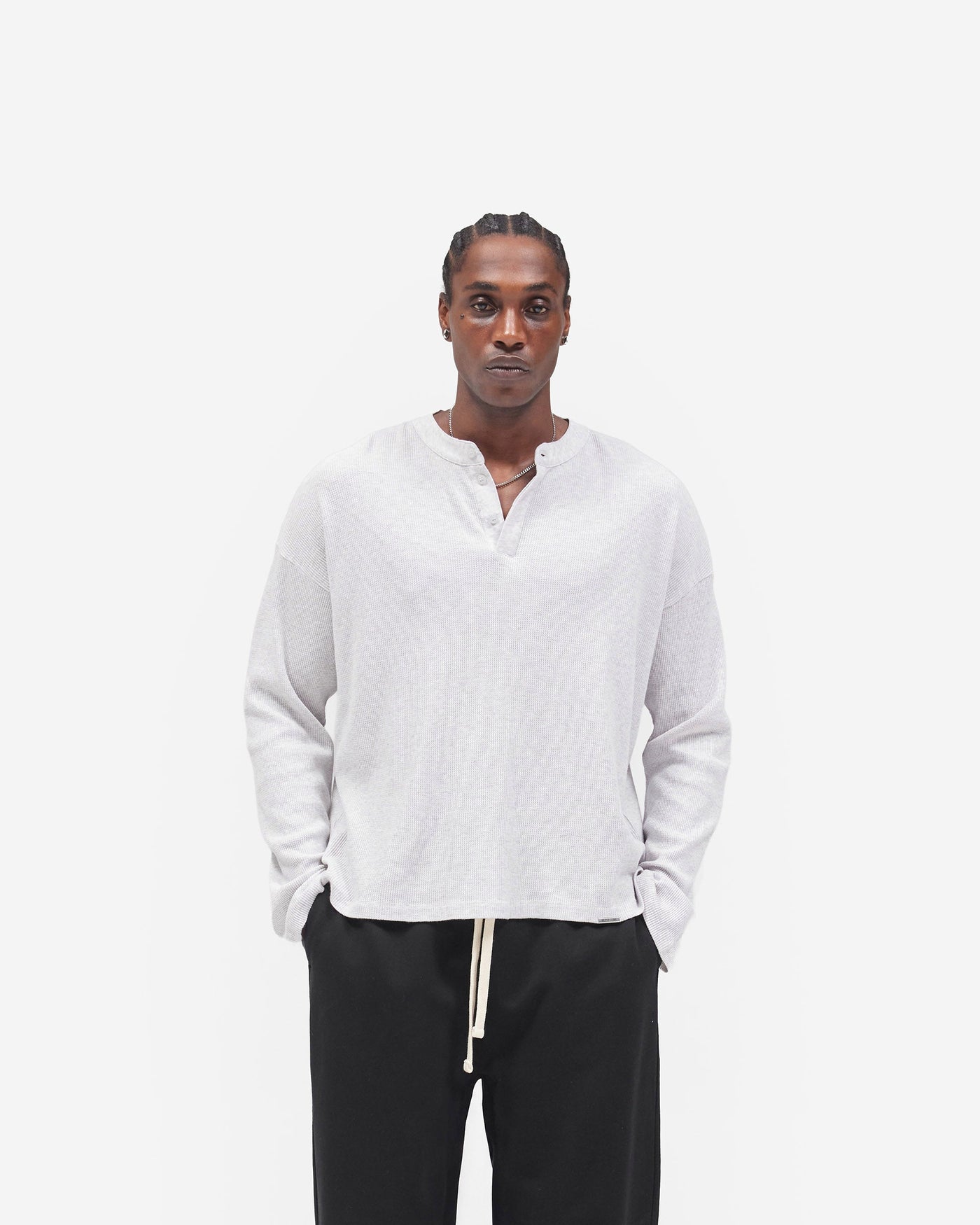 Initial Henley Waffle Long Sleeve T-Shirt - Ice Grey Marl